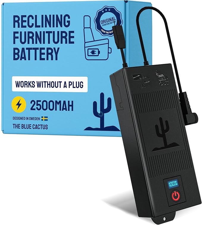 The Blue Cactus Rechargeable Battery for Reclining Furniture - 2500mAh Battery, 2-Pin Furniture Connector - Charger Not Included - Replacement Pack with LCD Display for Sofa, Couch, Recliner Chair