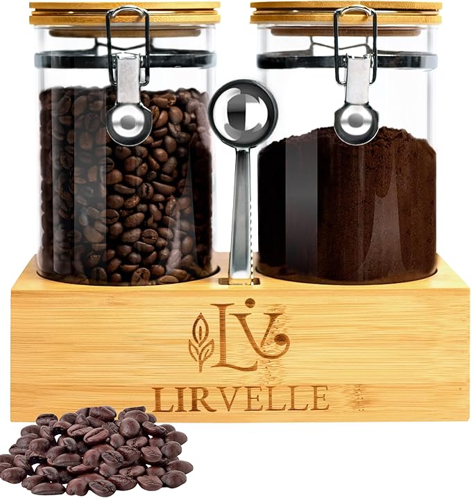 Airtight Coffee Canister with Scoop | Curated Glass Storage Set for Beans, Grounds & Sugar | 9-Piece Ritual Organizer with Bamboo Base, Versatile Artisan Spoon, Labels & Cleaning Brush