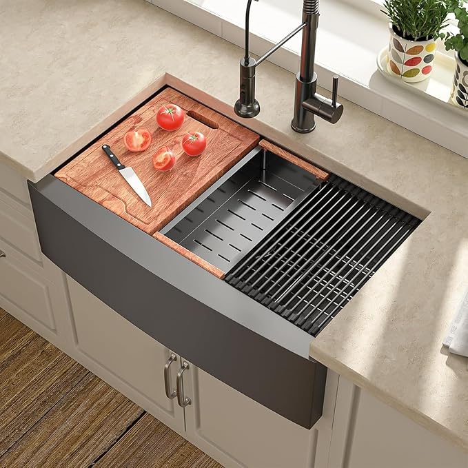 30 Black Farmhouse Sink - Lordear 30 inch Farm Kitchen Sink Workstation Apron Front 16-Gauge Gunmetal Black Stainless Steel Single Bowl Deep Kitchen Farmer Sinks, 9" Apron Height