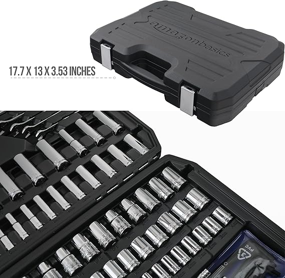 Amazon Basics Mechanic's Socket Tool Set With Case, SAE and Metric Sizes, 201-Piece