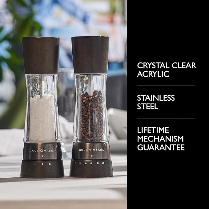 Cole & Mason H332293 Derwent Black Wood Salt and Pepper Mills, Gourmet Precision+, Adjustable Grind, Stained Beech/Acrylic, 190 mm, Gift Set, Includes 1 Salt and 1 Pepper Grinders