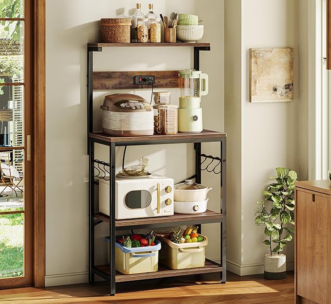 SUPERJARE Kitchen Bakers Rack with Power Outlet, Coffee Bar Table 4 Tiers, Kitchen Microwave Stand with 6 S-shaped Hooks, Storage Shelf Rack for Spices, Pots and Pans - Rustic Brown