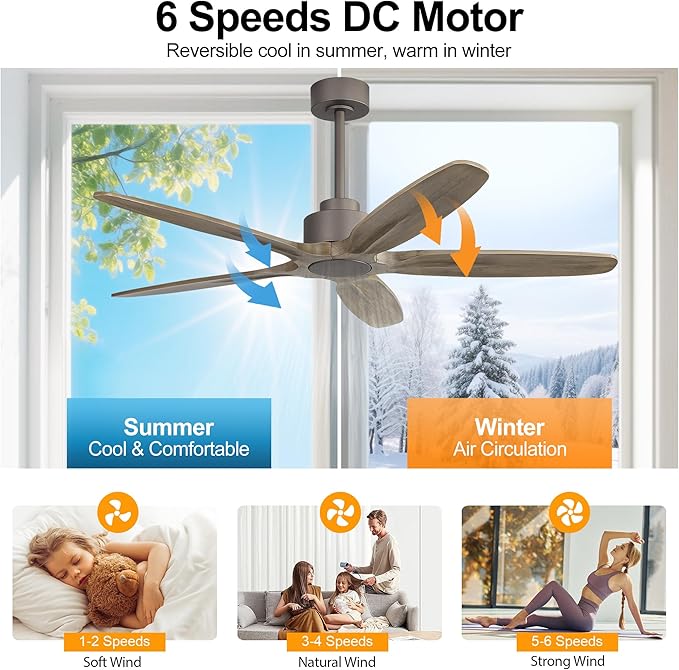 WINGBO 54 Inch Ceiling Fan without Light - 5 Carved Solid Wood Blades, 6-Speed Reversible DC Motor, Noiseless Remote Control Ceiling Fan No Light for Bedroom Living Room Kitchen, Charcoal Gray