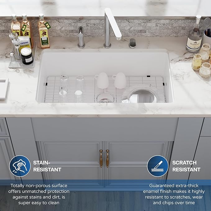 30 White Undermount Kitchen Sink, Hugsleek Topmount & Undermount Kitchen Sink 30x18 inch White Porcelain Ceramic Fireclay Sinks Dual Mount Accessories Single Bowl Under Counter Sinks Basin Drop In
