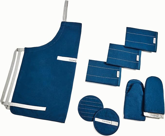 Caraway Linen Set - Apron, Pot Holders, Oven Mitts, & Tea Towels - 100% Organic Cotton - Durable, Machine Washable