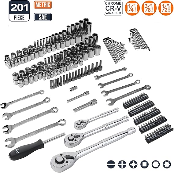 Amazon Basics Mechanic's Socket Tool Set With Case, SAE and Metric Sizes, 201-Piece