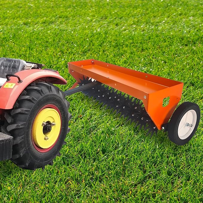 40 Inch Tow Behind Aerator, Aerator Lawn Tool with Universal Hitch, Adjustable Handle, Transport Wheels, Lawn Aerator Compatible with Tractors for Garden, Farm and Lawn, Orange