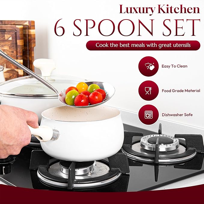 6 Pc Stainless Steel Cooking Utensils Set with Ergonomic Handles – Heat Resistant Kitchen Tools Includes Slotted Spatula, Skimmer Ladle, Spatula, Serving Spoon, Pasta Spoon Ideal for Cooking