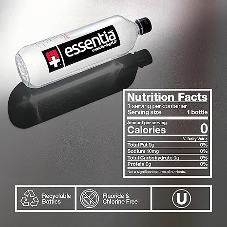 Essentia Water LLC, Ionized Alkaline Bottled Water; 99.9% Pure, Infused with Electrolytes, 9.5 pH or Higher a Clean, Smooth Taste, 20 Fl Oz (Pack of 24)