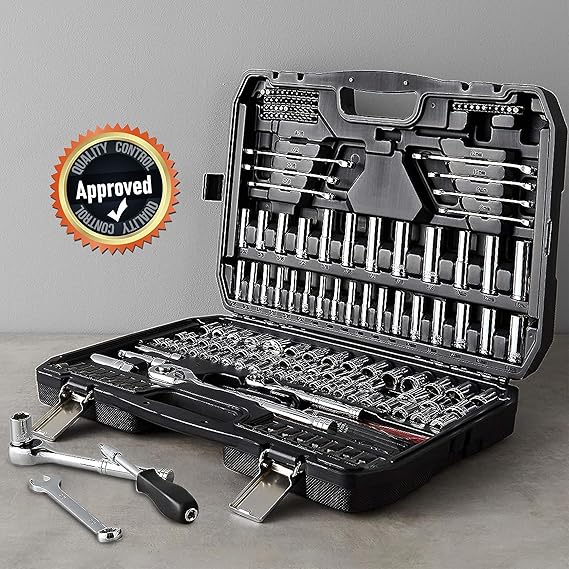 Amazon Basics Mechanic's Socket Tool Set With Case, SAE and Metric Sizes, 201-Piece