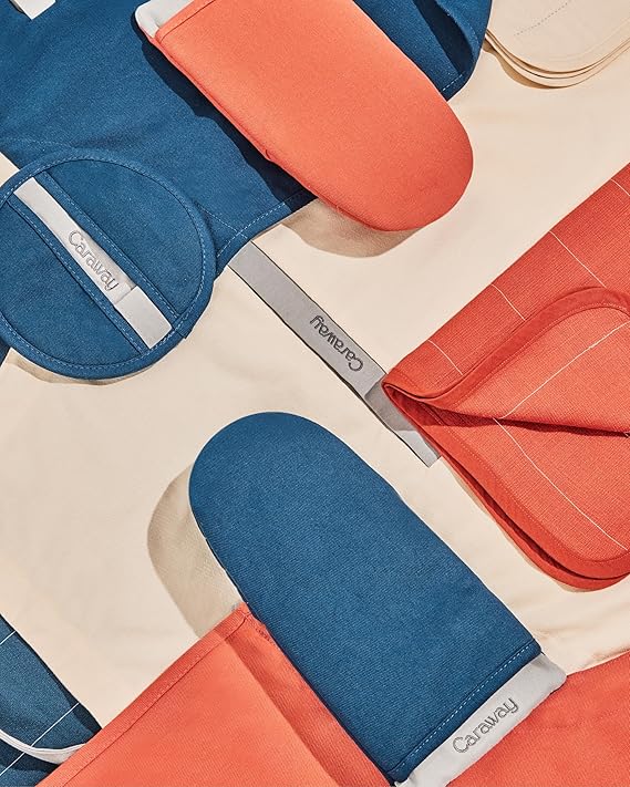 Caraway Linen Set - Apron, Pot Holders, Oven Mitts, & Tea Towels - 100% Organic Cotton - Durable, Machine Washable