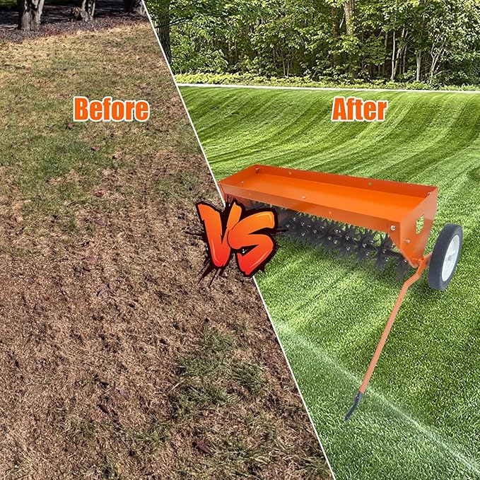 40 Inch Tow Behind Aerator, Aerator Lawn Tool with Universal Hitch, Adjustable Handle, Transport Wheels, Lawn Aerator Compatible with Tractors for Garden, Farm and Lawn, Orange